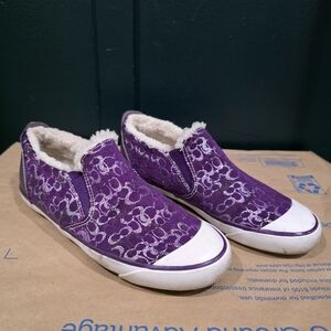 Coach Beale Signature C Slip-On Sneakers Purple Jacquard White Shearling 6.5B